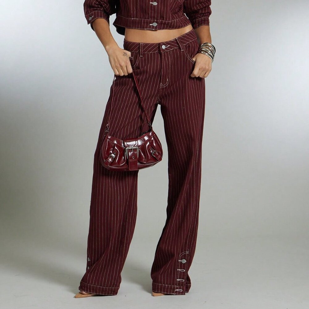 Burgundy Casual Women's Button Detail Slit Straight Leg Jeans